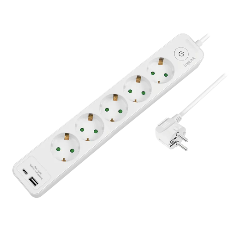 Steckdosenleiste 5-fach + Schalter, 5x CEE 7/3, 1x USB-A, 1x USB-C, 1,5 m, weiß