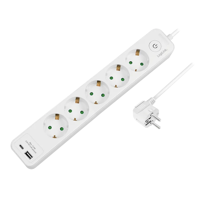 Steckdosenleiste 5-fach + Schalter, 5x CEE 7/3, 1x USB-A, 1x USB-C, 1,5 m, weiß