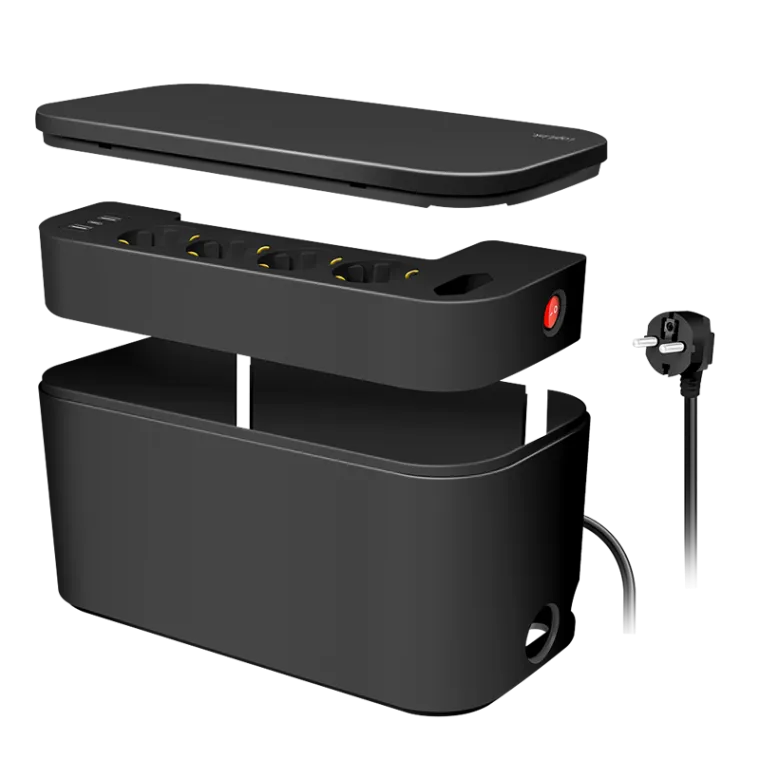 Kabelbox mit 5-fach-Steckdosenleiste, 3x USB, PD 20W, 285 x 145 x 13 mm, Schwarz