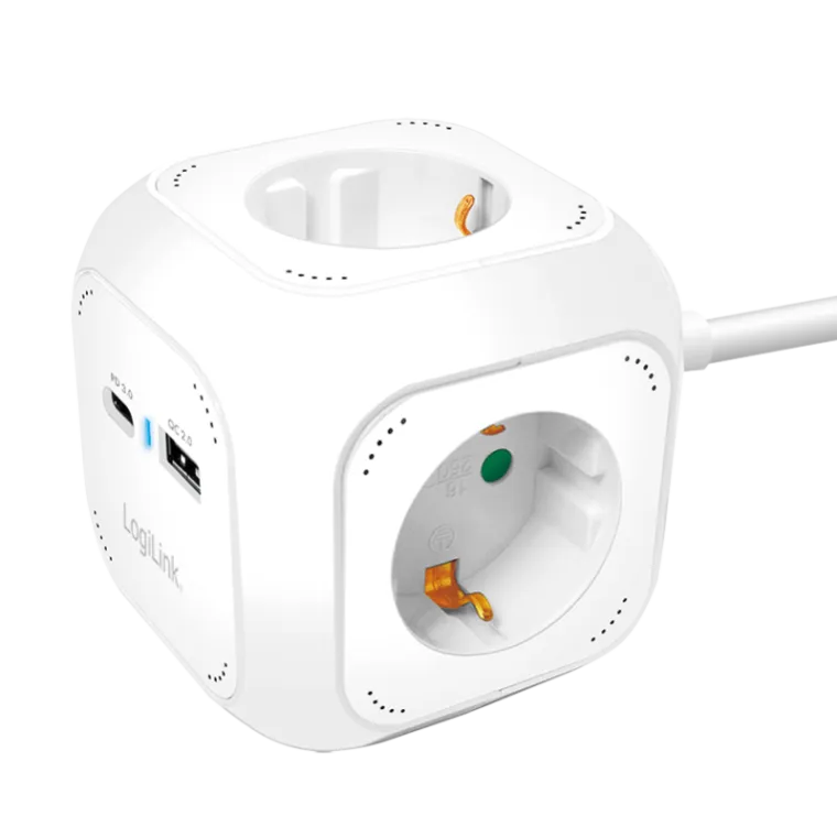 4-fach Ladewürfel, 4x Steckdose, 1x USB-C PD 20W, 1x USB-A QC 18W, weiß