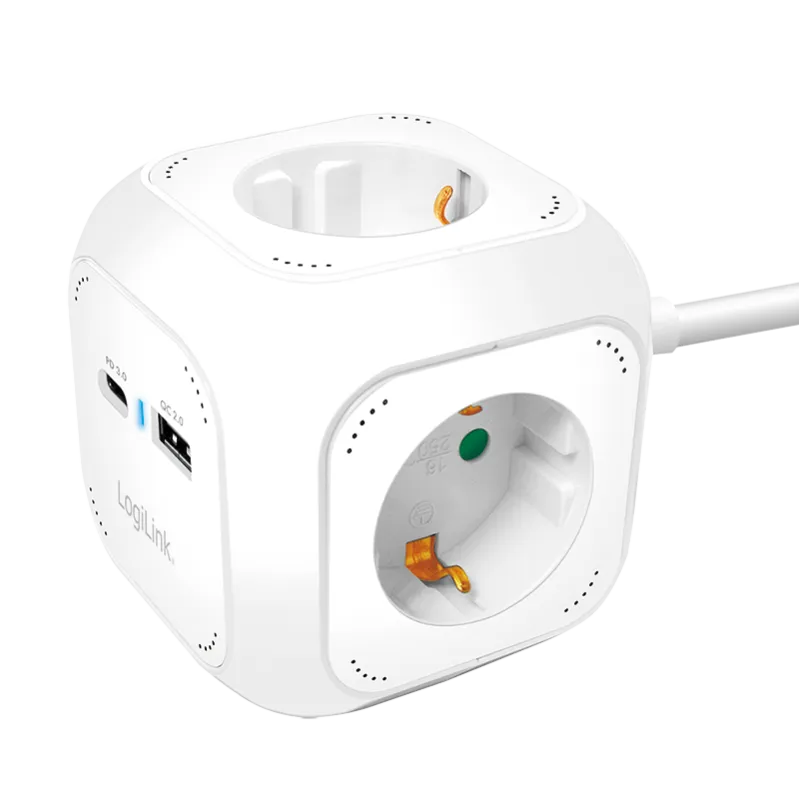 4-fach Ladewürfel, 4x Steckdose, 1x USB-C PD 20W, 1x USB-A QC 18W, weiß