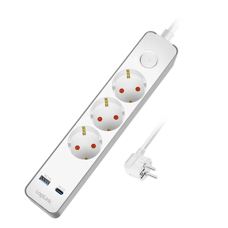 Steckdosenleiste 3-fach + Schalter, 3x CEE 7/3, 1x USB-A (18 W), 1x USB-C (20 W), 1,4 m, Weiß