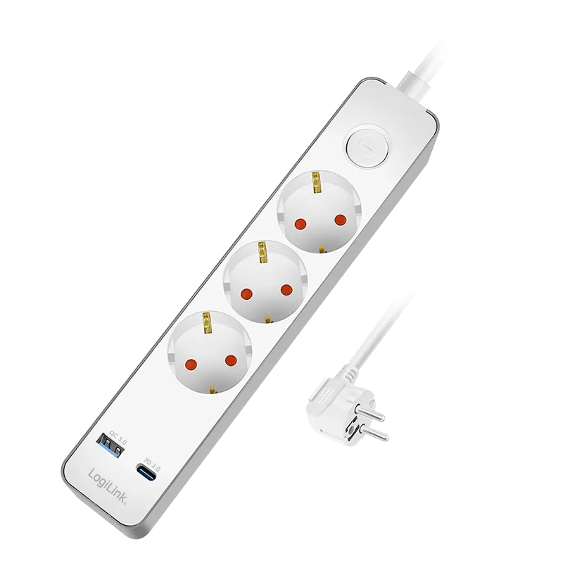 Steckdosenleiste 3-fach + Schalter, 3x CEE 7/3, 1x USB-A (18 W), 1x USB-C (20 W), 1,4 m, Weiß