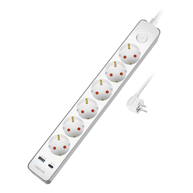 Steckdosenleiste 6-fach + Schalter, 6x CEE 7/3, 1x USB-A (18 W), 1x USB-C (20 W), 1,4 m, Weiß