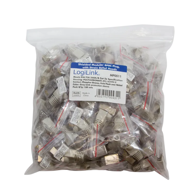 RJ45-Modularstecker, Cat.5e, geschirmt, Graue Tülle, 100er Set