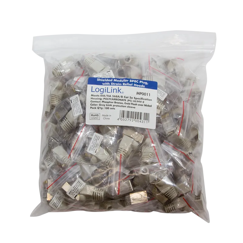 RJ45-Modularstecker, Cat.5e, geschirmt, Graue Tülle, 100er Set