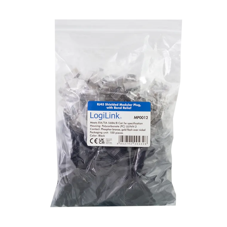 RJ45-Modularstecker, Cat.5e, geschirmt, Schwarze Tülle, 100er Set