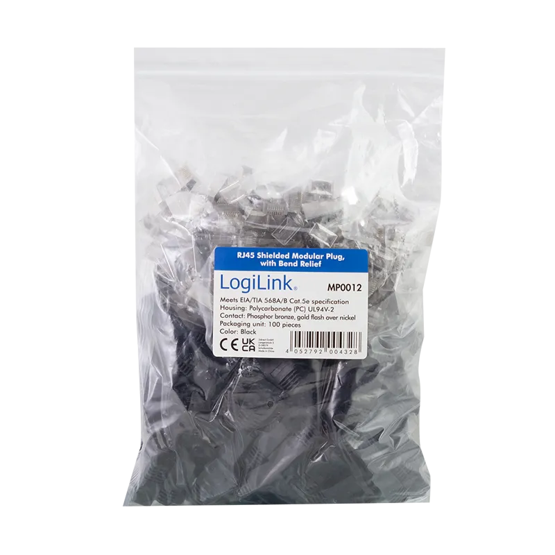 RJ45-Modularstecker, Cat.5e, geschirmt, Schwarze Tülle, 100er Set