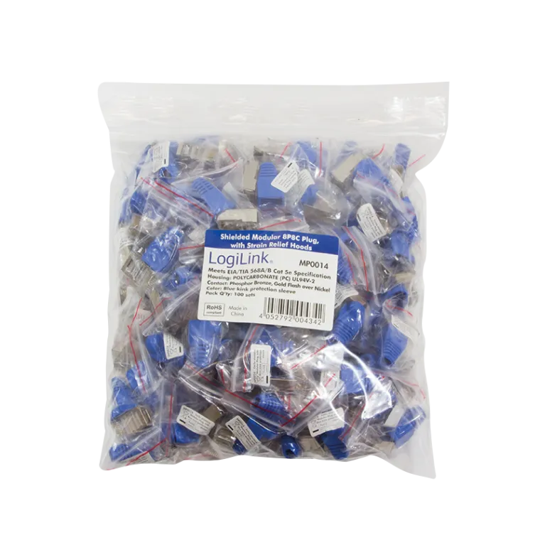 RJ45-Modularstecker, Cat.5e, geschirmt, Blaue Tülle, 100er Set