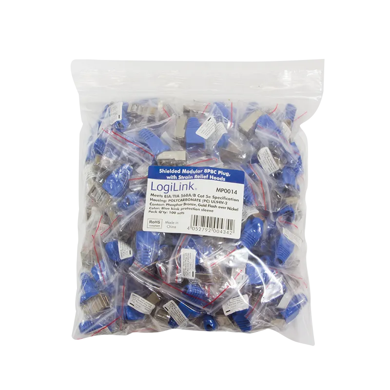 RJ45-Modularstecker, Cat.5e, geschirmt, Blaue Tülle, 100er Set