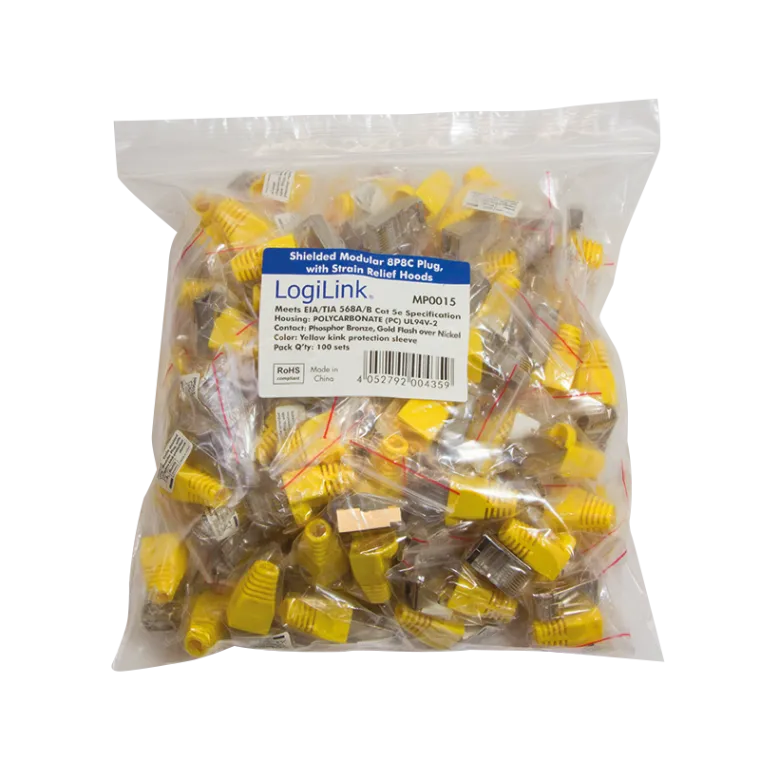 RJ45-Modularstecker, Cat.5e, geschirmt, Gelbe Tülle, 100er Set