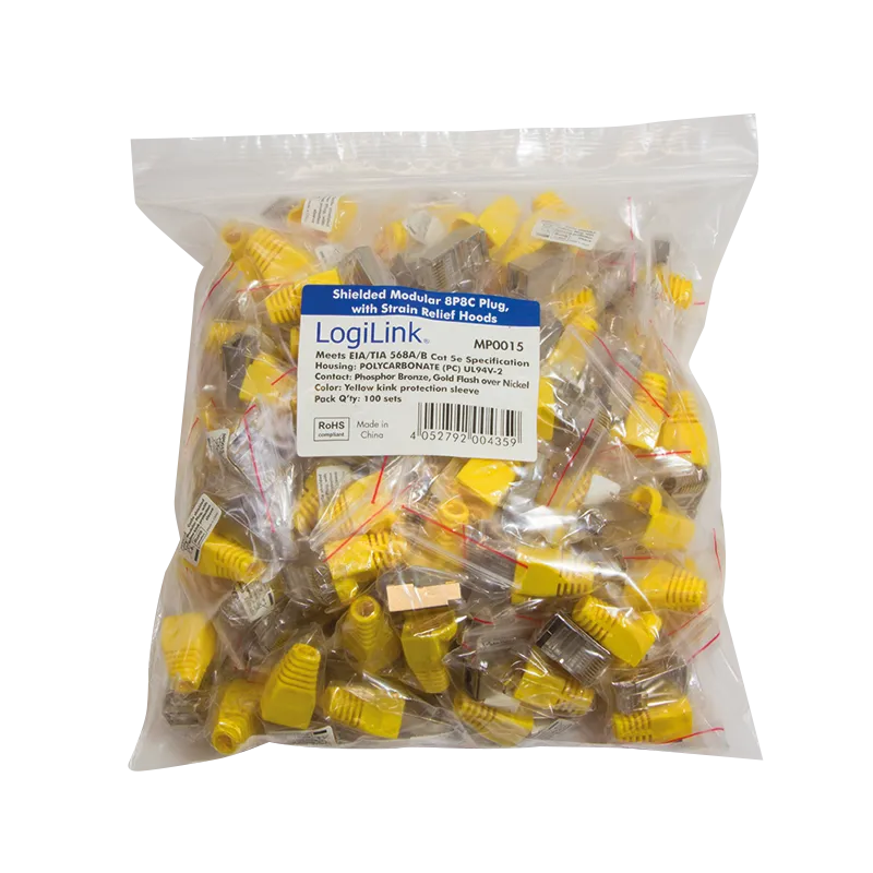 RJ45-Modularstecker, Cat.5e, geschirmt, Gelbe Tülle, 100er Set