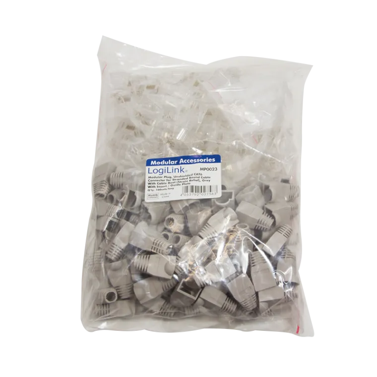 RJ45-Modularstecker, Cat.6, ungeschirmt, Graue Tülle, 100er Set
