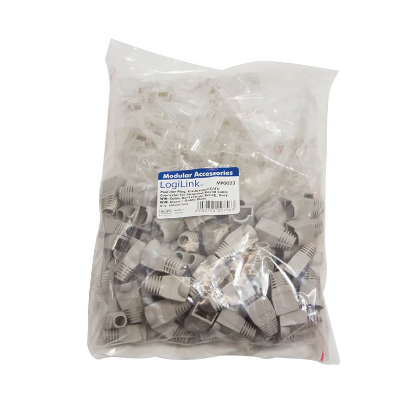 RJ45-Modularstecker, Cat.6, ungeschirmt, Graue Tülle, 100er Set