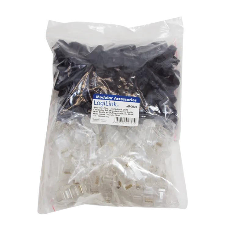 RJ45-Modularstecker, Cat.6, ungeschirmt, Schwarze Tülle, 100er Set