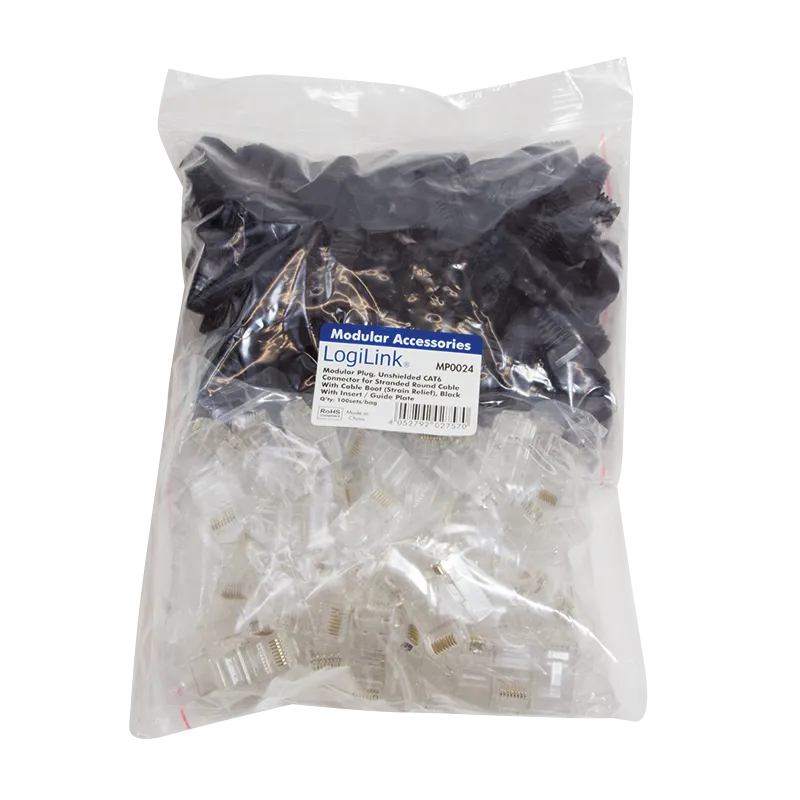 RJ45-Modularstecker, Cat.6, ungeschirmt, Schwarze Tülle, 100er Set