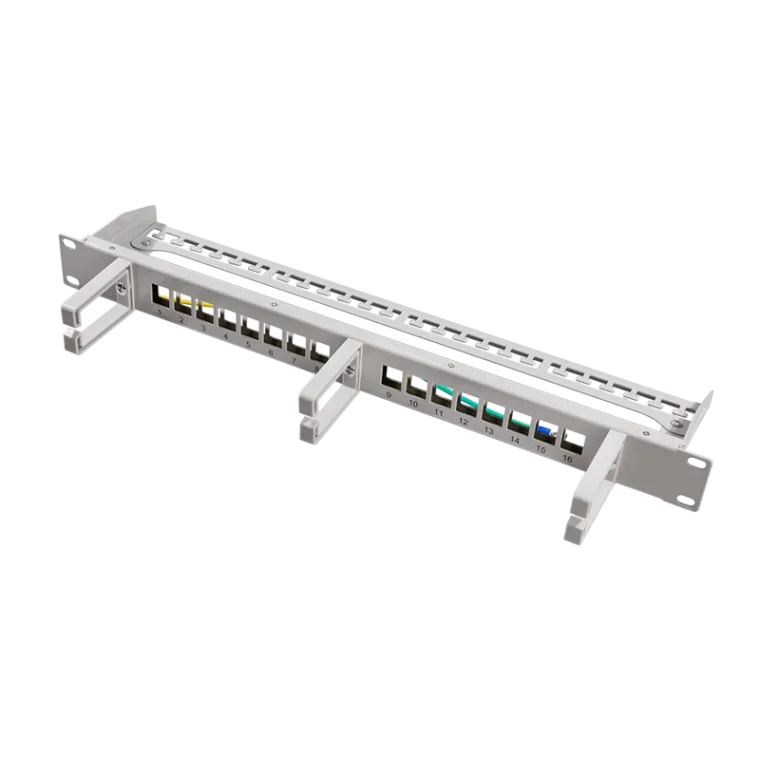 19" Keystone Panel 16-Port, geschirmt, mit 3 Kabelmanagement-Bügeln