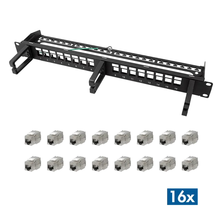 Modulares 16-Port Cat.6A Keystone Patchpanel mit 3 Kabelbügeln, 19" Einbau