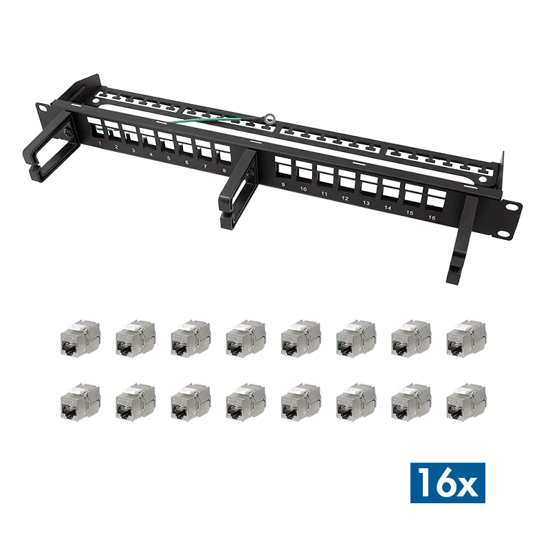 Modulares 16-Port Cat.6A Keystone Patchpanel mit 3 Kabelbügeln, 19" Einbau