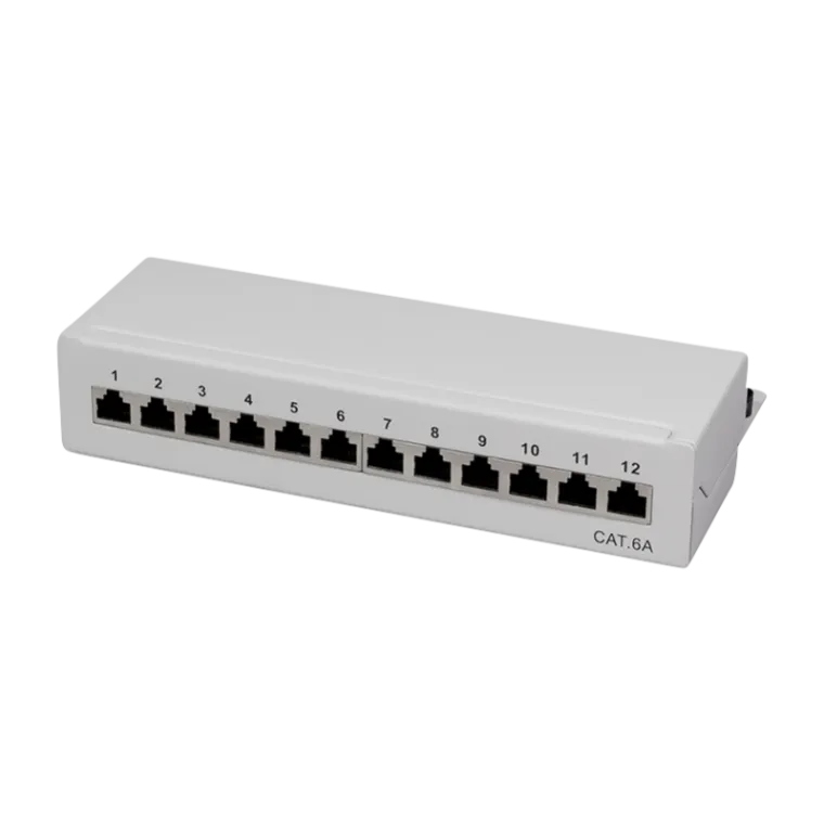 Cat.6A Patchpanel 12 Ports geschirmt, Desktop, Hellgrau
