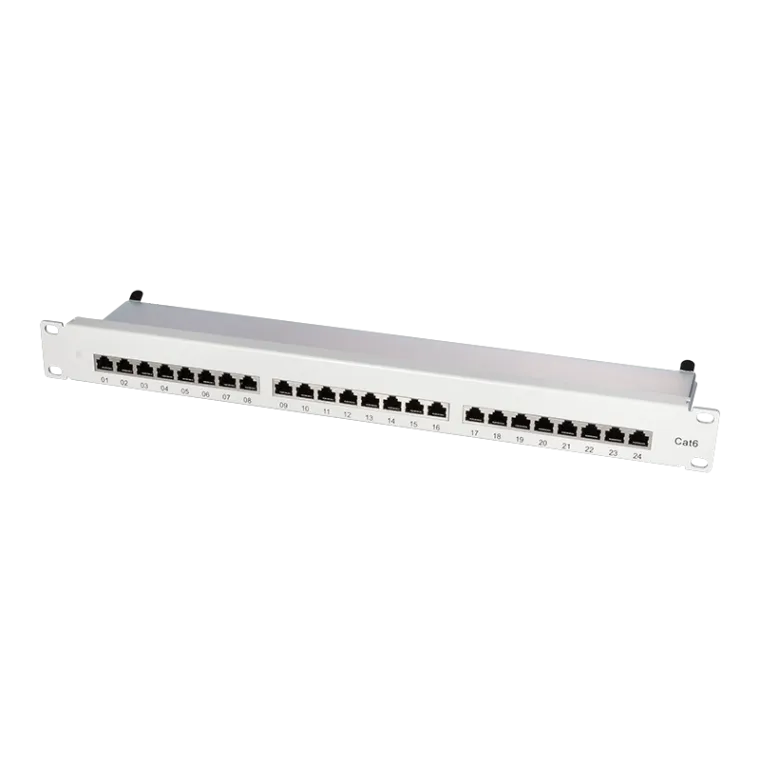 Cat.6 Patchpanel 24 Ports geschirmt, 19 Zoll Einbau, Hellgrau, PrimeLine