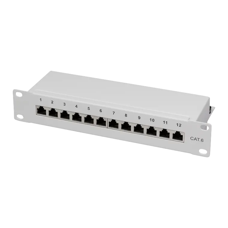 Cat.6 Patchpanel 12 Ports geschirmt, 10 Zoll Einbau, Hellgrau
