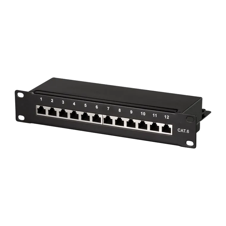 Cat.6 Patchpanel 12 Ports geschirmt, 10 Zoll Einbau, Schwarz