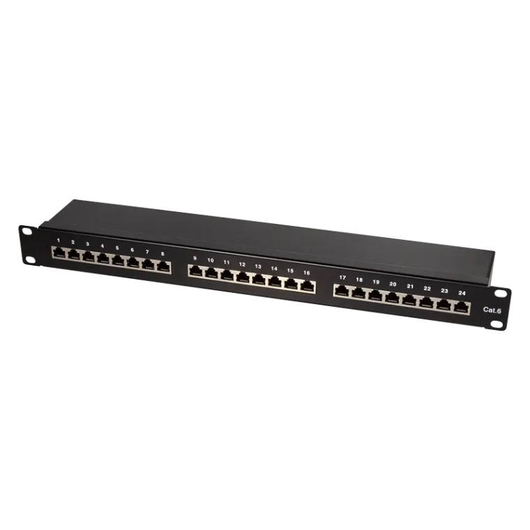Cat.6 Patchpanel 24 Ports geschirmt, 19 Zoll Einbau, Schwarz