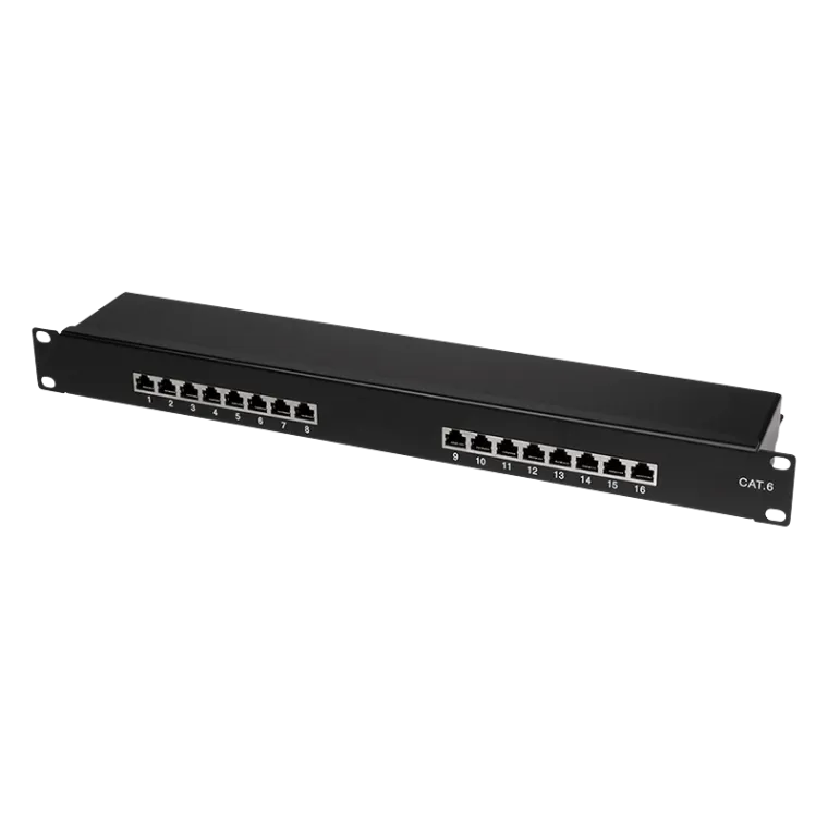 Cat.6 Patchpanel 16 Ports geschirmt, 19 Zoll Einbau, Schwarz
