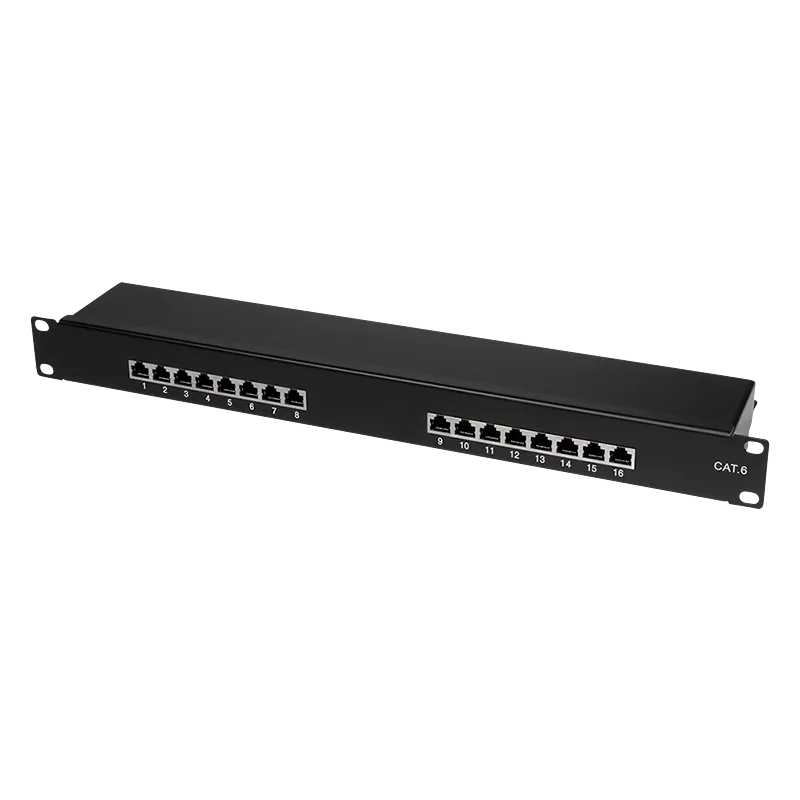 Cat.6 Patchpanel 16 Ports geschirmt, 19 Zoll Einbau, Schwarz