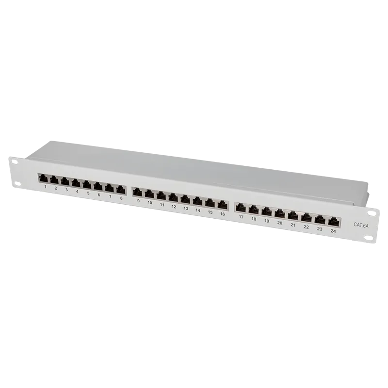 Cat.6A Patchpanel 24 Ports geschirmt, 19 Zoll Einbau, Hellgrau