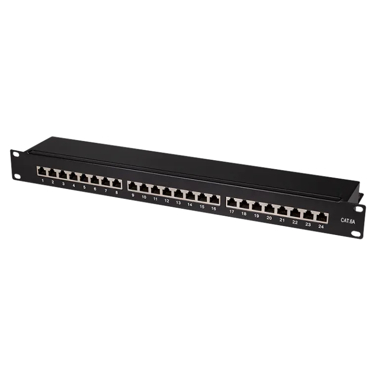 Cat.6A Patchpanel 24 Ports geschirmt, 19 Zoll Einbau, Schwarz