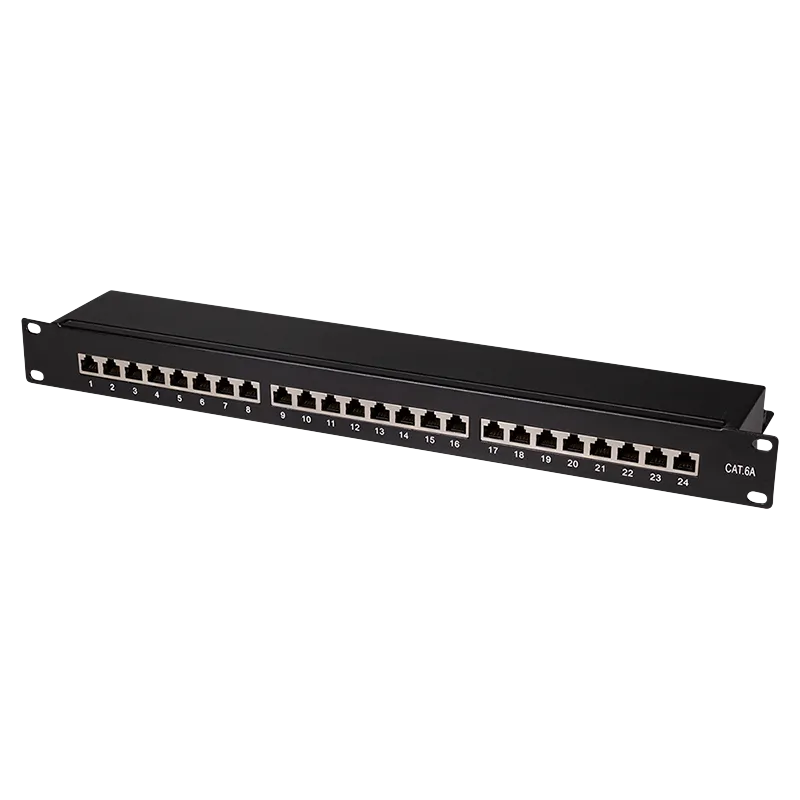 Cat.6A Patchpanel 24 Ports geschirmt, 19 Zoll Einbau, Schwarz