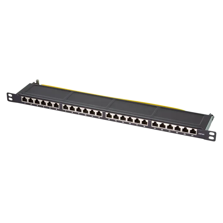 Cat.6A Patchpanel 24 Ports geschirmt, 19 Zoll Einbau, nur 0,5 HE, Schwarz