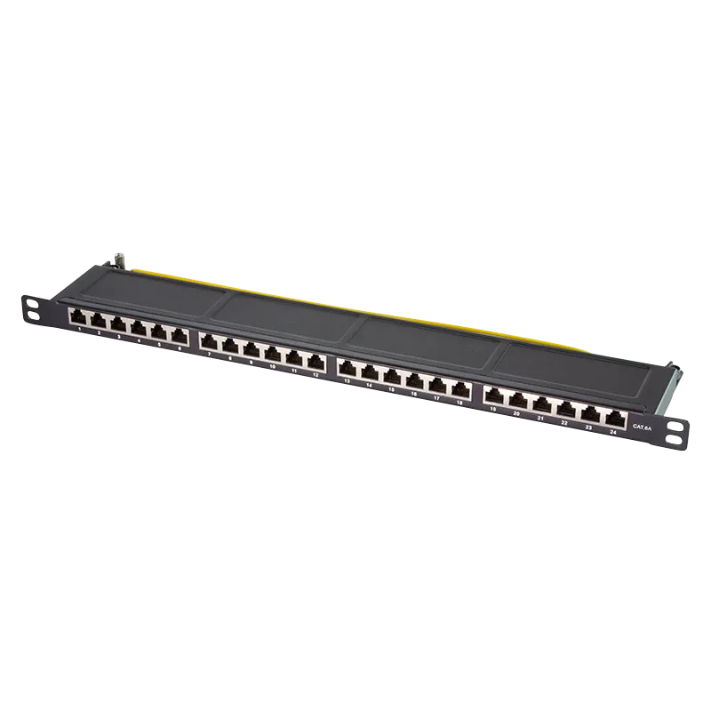 Cat.6A Patchpanel 24 Ports geschirmt, 19 Zoll Einbau, nur 0,5 HE, Schwarz