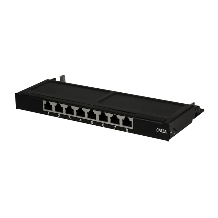 Cat.6A Mini Patchpanel 8 Ports geschirmt, Desktop, 0,5 HE, Schwarz