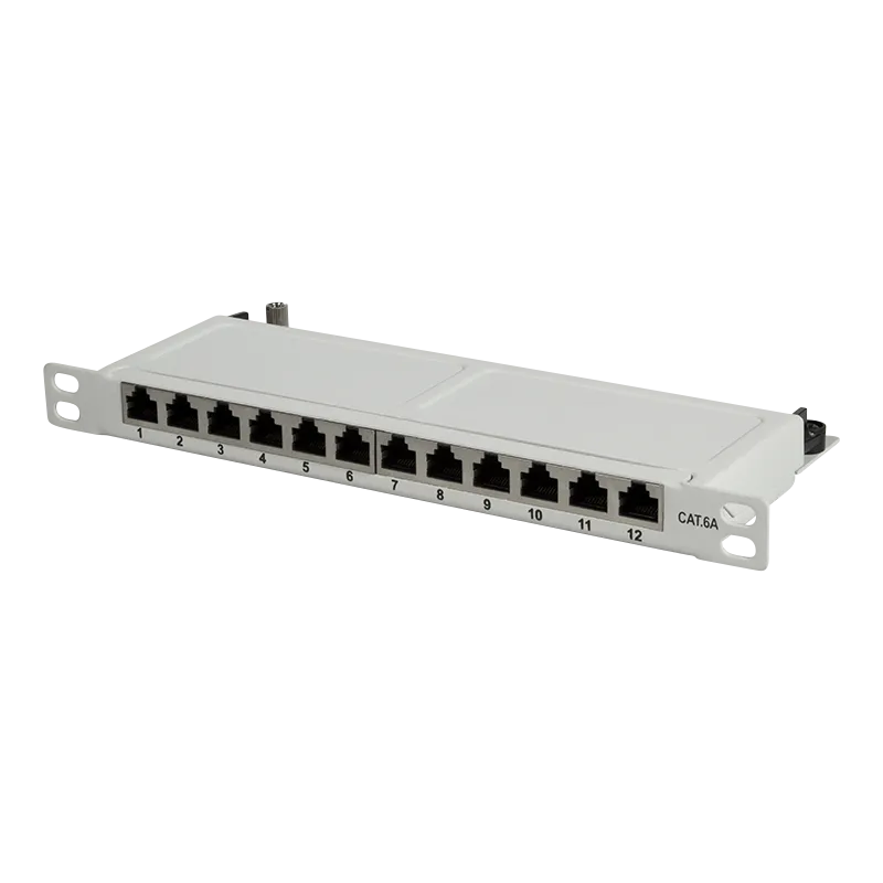 Cat.6A Mini Patchpanel 12 Ports geschirmt, 10 Zoll Einbau 0,5 HE, Hellgrau