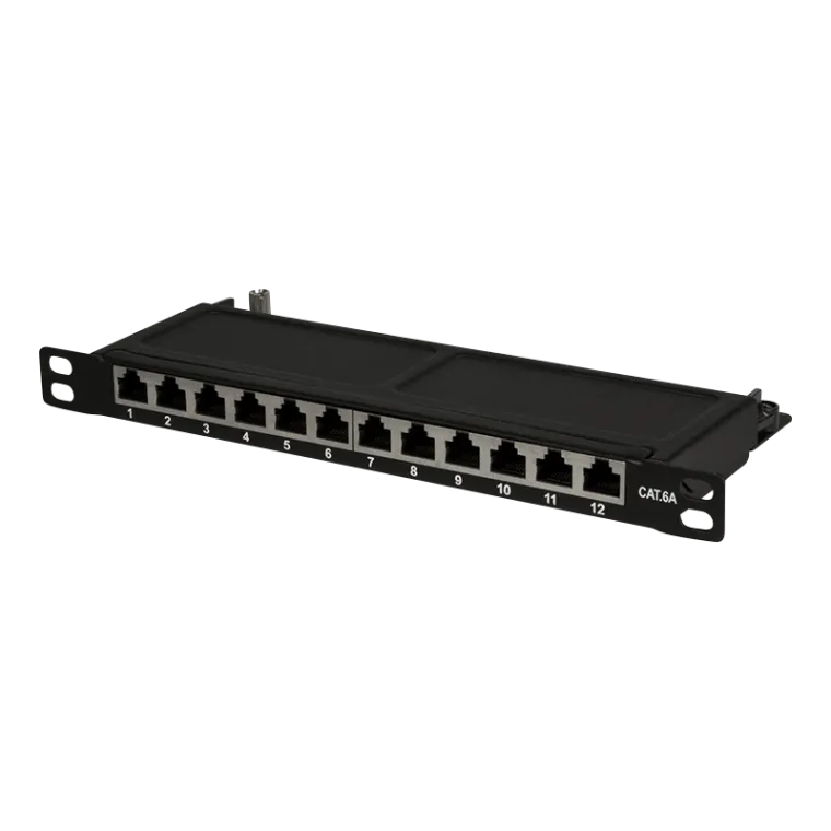 Cat.6A Mini Patchpanel 12 Ports geschirmt, 10 Zoll Einbau 0,5 HE, Schwarz