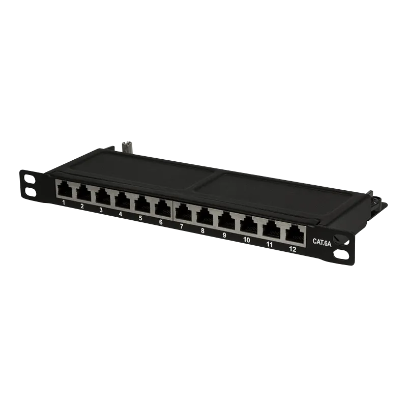 Cat.6A Mini Patchpanel 12 Ports geschirmt, 10 Zoll Einbau 0,5 HE, Schwarz