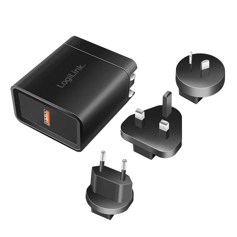 USB-A Reiseladegerät, 18 W, GaN, 1-fach, 1x USB-A (QC), Schwarz