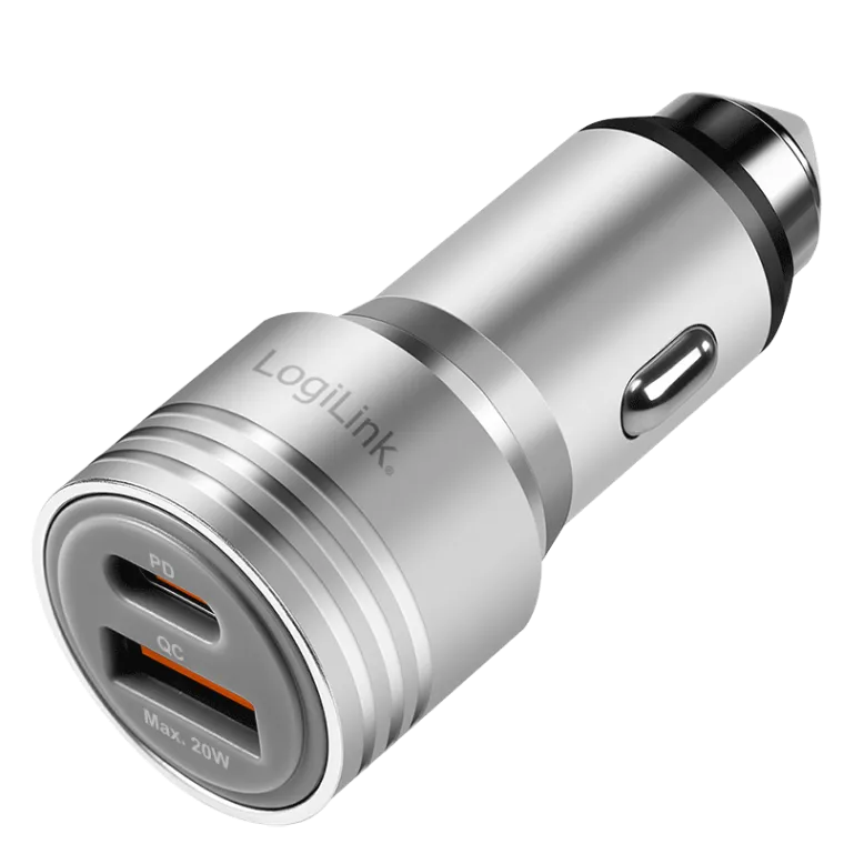 Dual-USB Kfz-Ladeadapter, 20 W, USB-A (QC), USB-C (PD), silber
