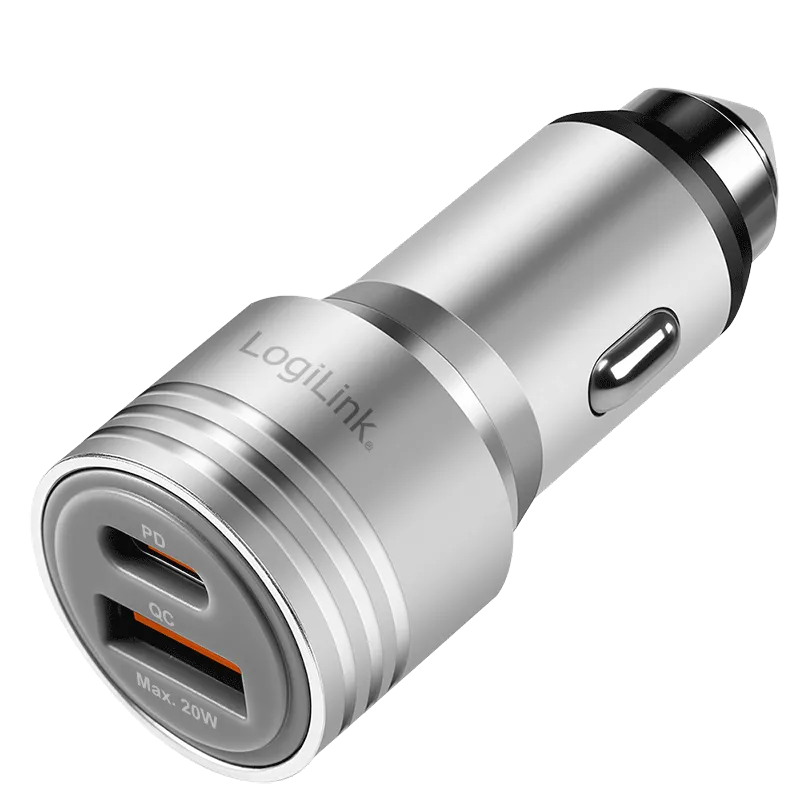 Dual-USB Kfz-Ladeadapter, 20 W, USB-A (QC), USB-C (PD), silber