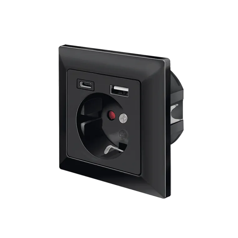 Unterputz-Steckdose, 1x CEE 7/3, 1x USB-A, 1x USB-C, 14 W, Einbautiefe: 30 mm, Schwarz