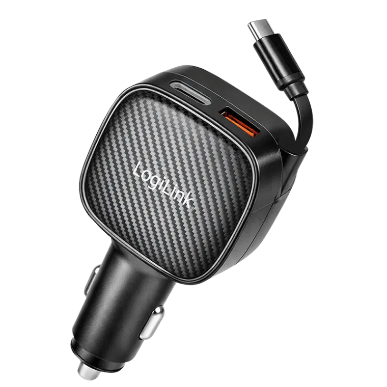 Triple-USB Kfz-Ladeadapter inkl. einziehbarem USB-C Kabel, 60W, PD, QC, schwarz