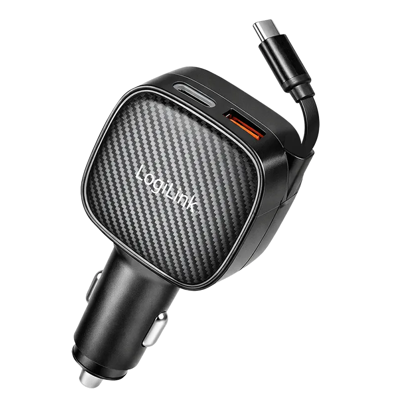 Triple-USB Kfz-Ladeadapter inkl. einziehbarem USB-C Kabel, 60W, PD, QC, schwarz