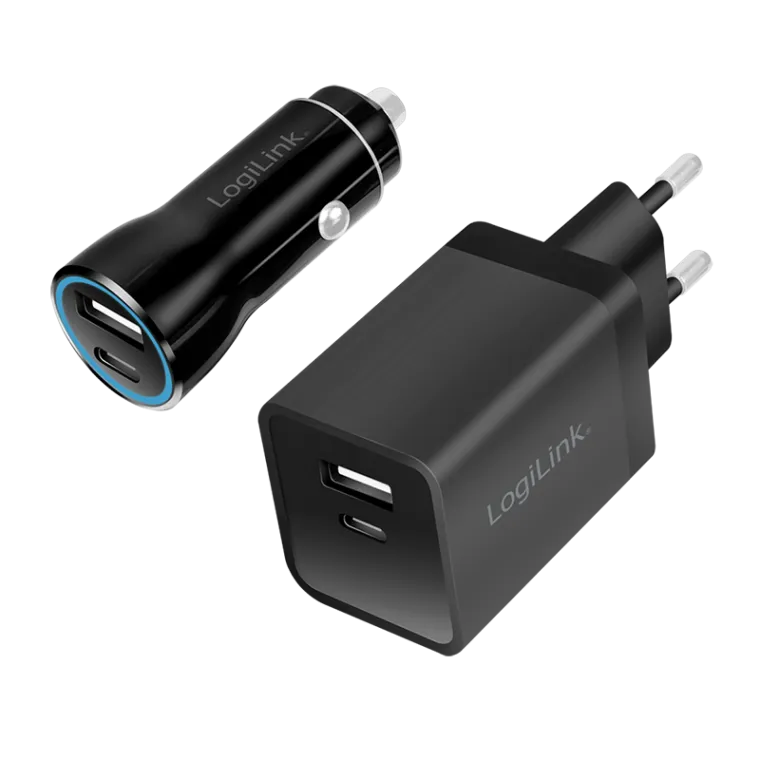 USB-A/C Ladeset, 15 W, 2-fach, je 1x USB-A, 1x USB-C, Schwarz