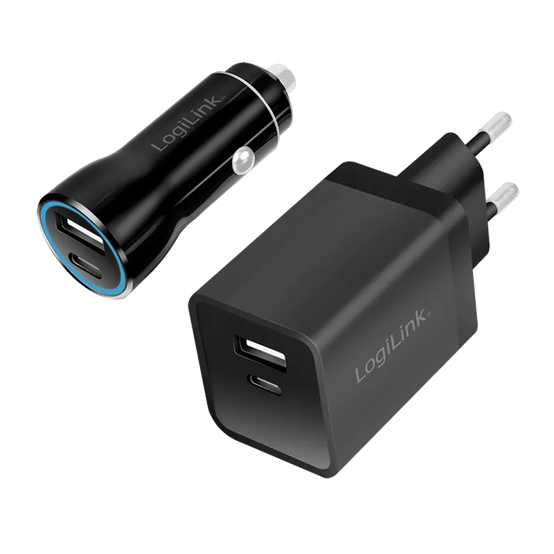 USB-A/C Ladeset, 15 W, 2-fach, je 1x USB-A, 1x USB-C, Schwarz