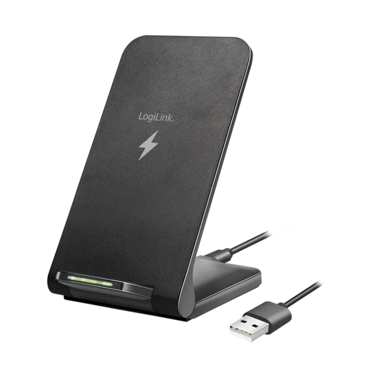 Smartphoneständer mit kabelloser Ladefunktion, 2 Spulen, 15 W, schwarz