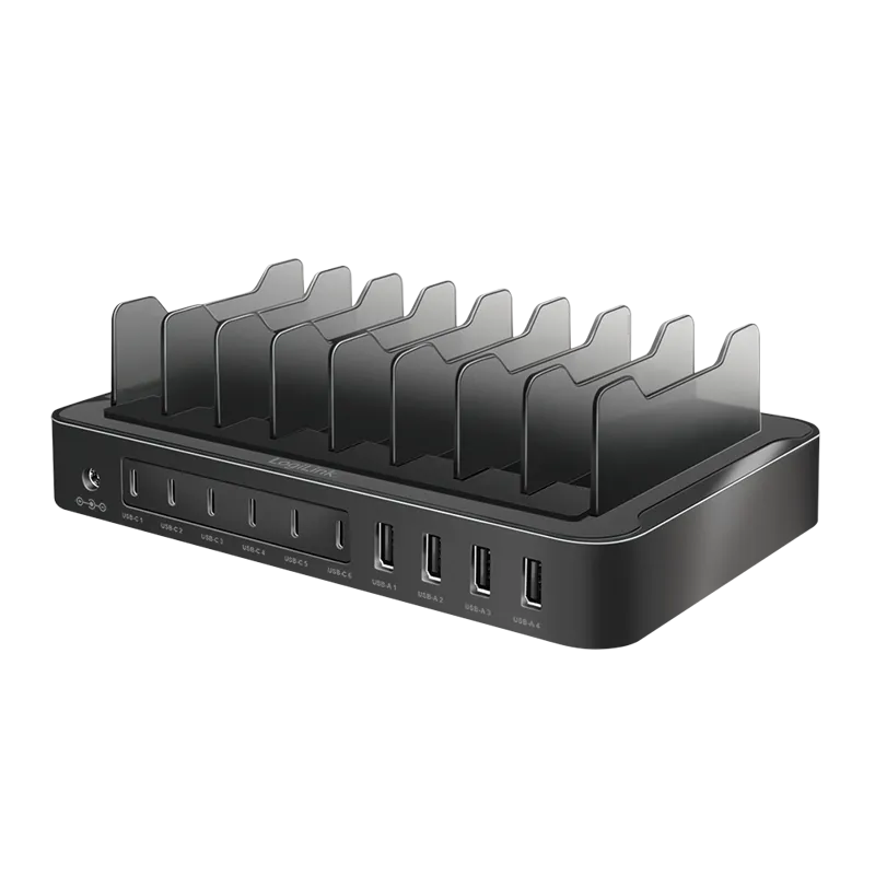 USB-A/C Tischladegerät, 120 W, 10-fach, 4x USB-A (QC), 6x USB-C (PD), Schwarz