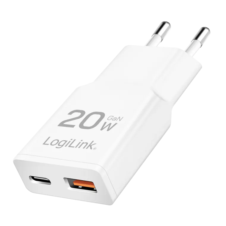 USB-A/C Ladegerät, 20 W, GaN, 2-fach, 1x USB-A (QC), 1x USB-C (PD), Slim Version, Weiß
